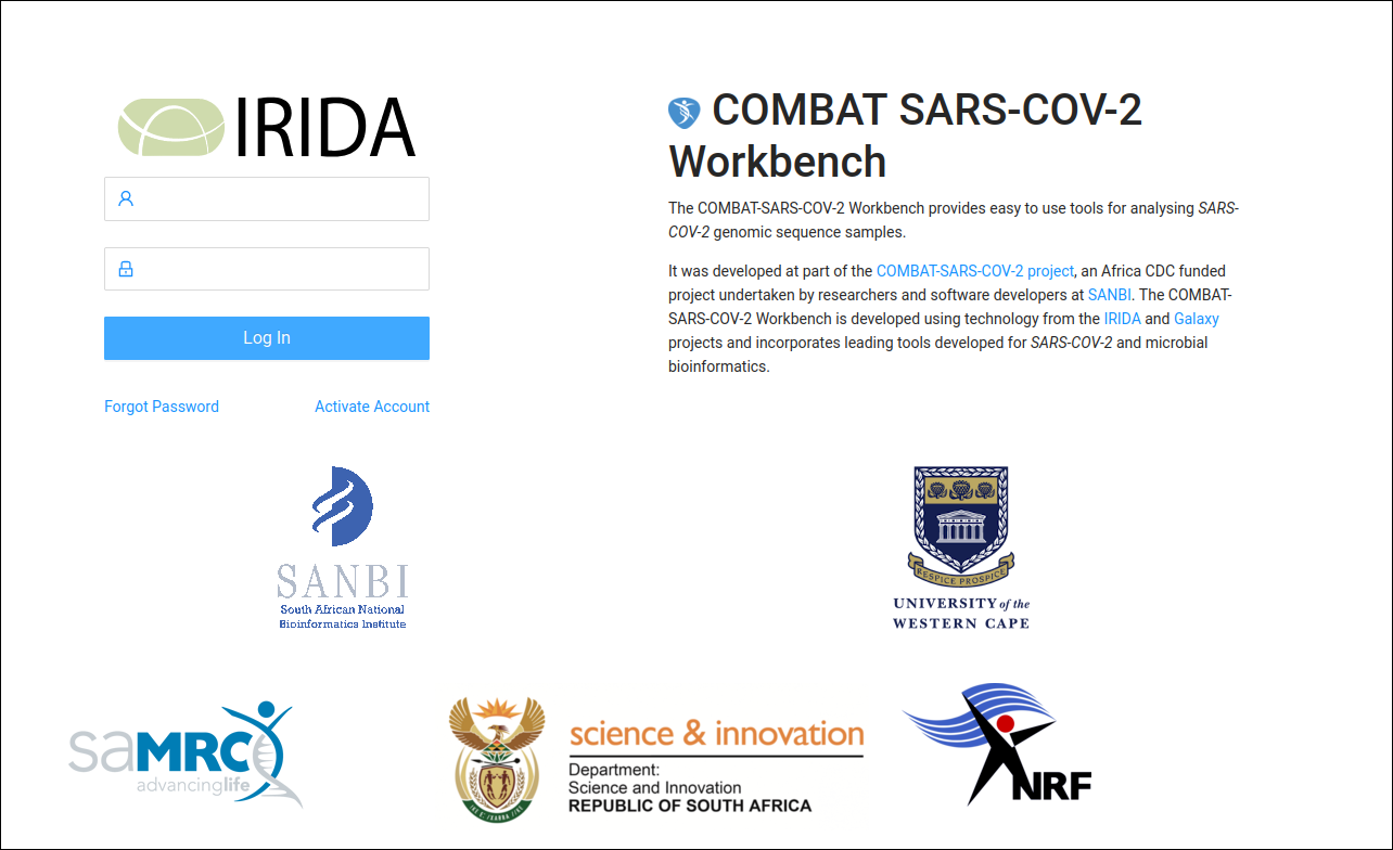 COMBAT SARS-CoV-2 Workbench Login Page